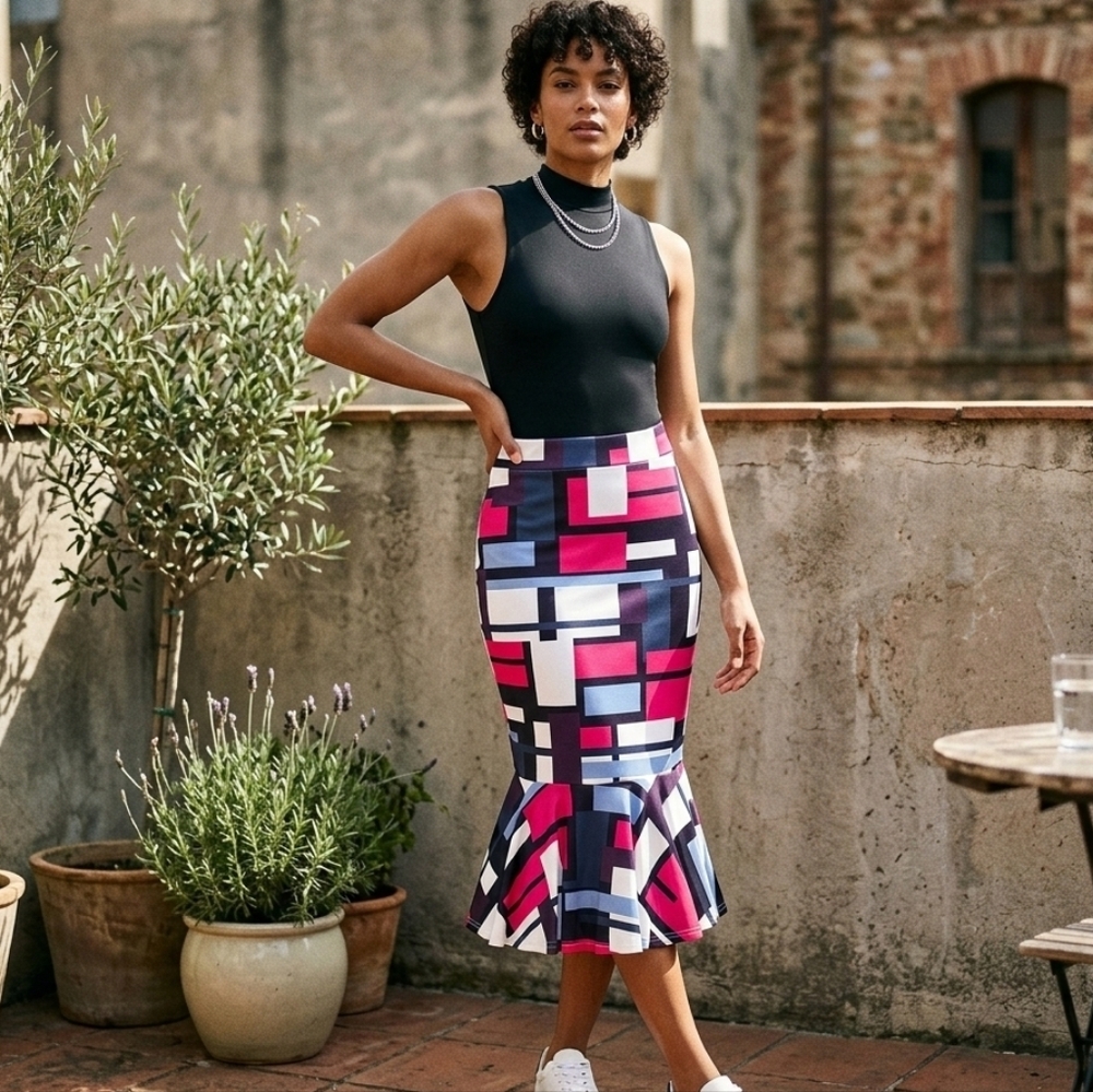 Geometric Print Skirt Multi color with flair bottom, Spandex material.